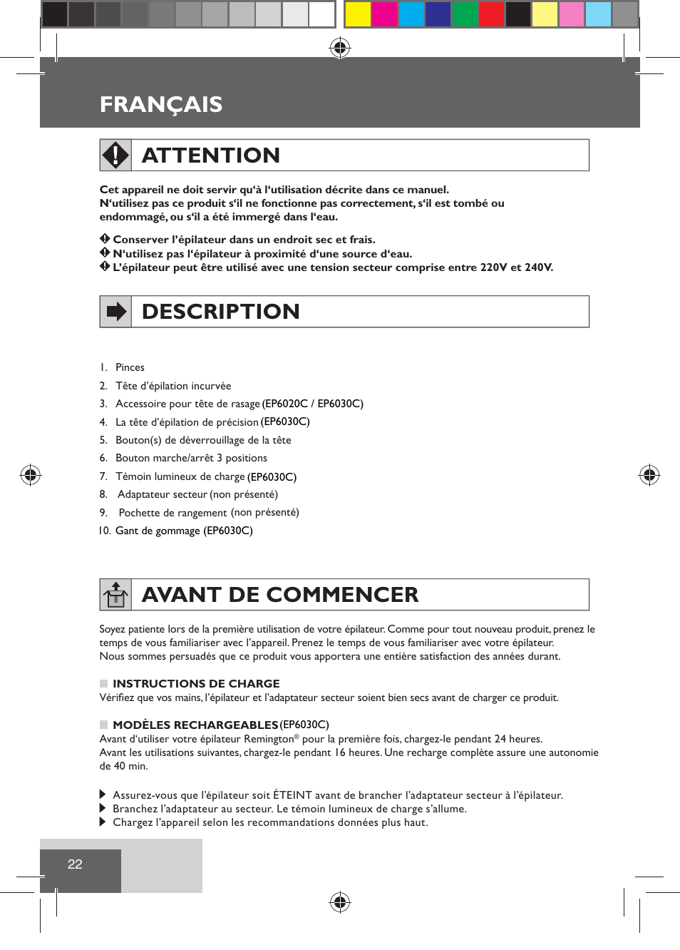 Français, Attention, Description | Avant de commencer | Remington EP6030C User Manual | Page 25 / 140