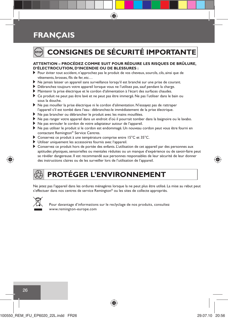 Français, Consignes de sécurité importante, Protéger l’environnement | Remington EP6030C User Manual | Page 29 / 140