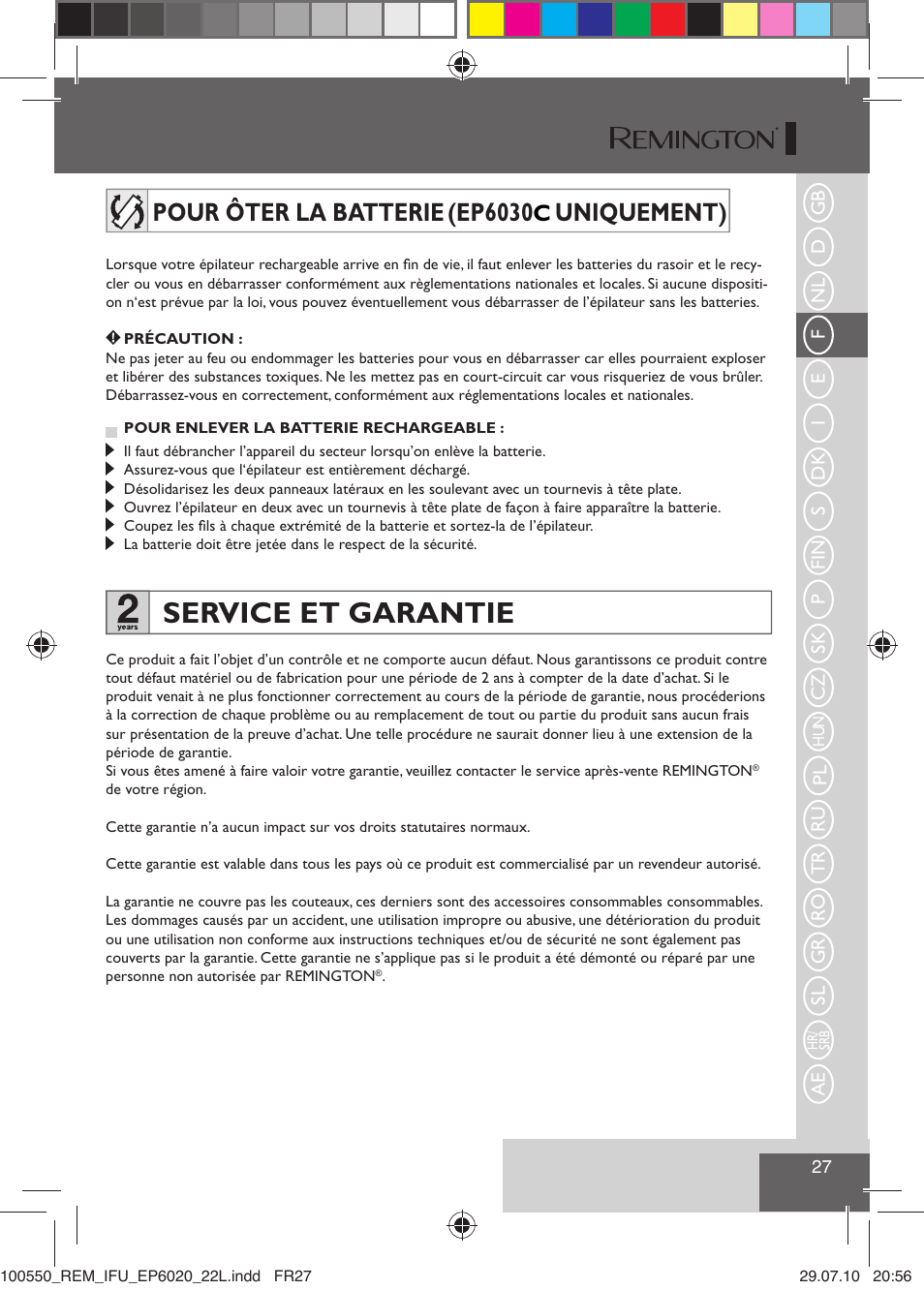 Service et garantie, Pour ôter la batterie (ep6030 uniquement) | Remington EP6030C User Manual | Page 30 / 140