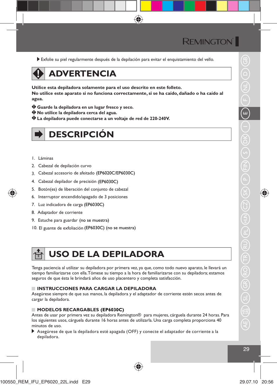 Advertencia, Descripción uso de la depiladora | Remington EP6030C User Manual | Page 32 / 140