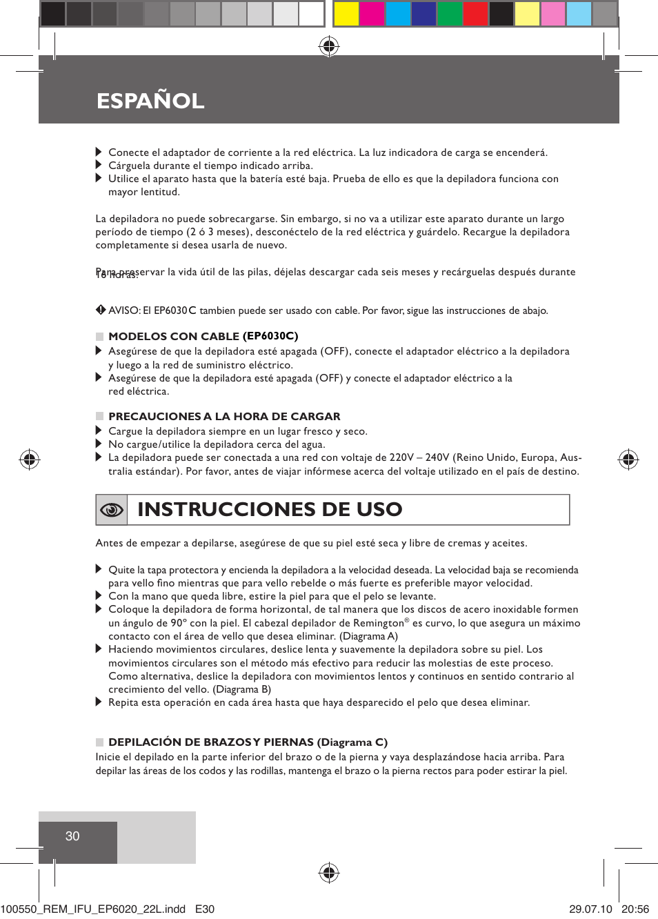 Español, Instrucciones de uso | Remington EP6030C User Manual | Page 33 / 140