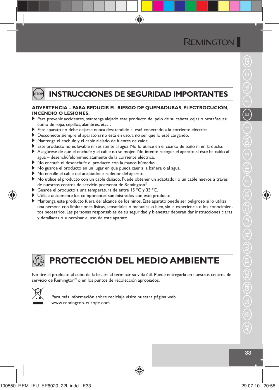 Protección del medio ambiente, Instrucciones de seguridad importantes | Remington EP6030C User Manual | Page 36 / 140