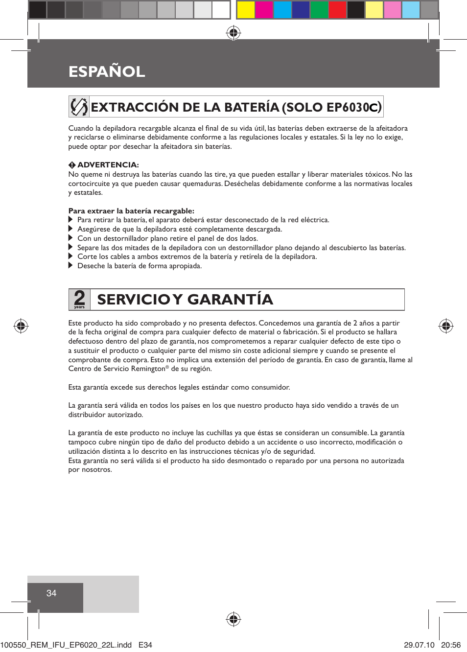 Español, Servicio y garantía, Extracción de la batería (solo ep6030 ) | Remington EP6030C User Manual | Page 37 / 140