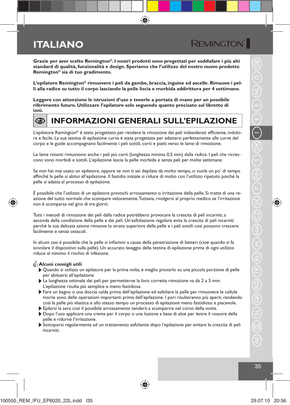 Italiano, Informazioni generali sull’epilazione | Remington EP6030C User Manual | Page 38 / 140