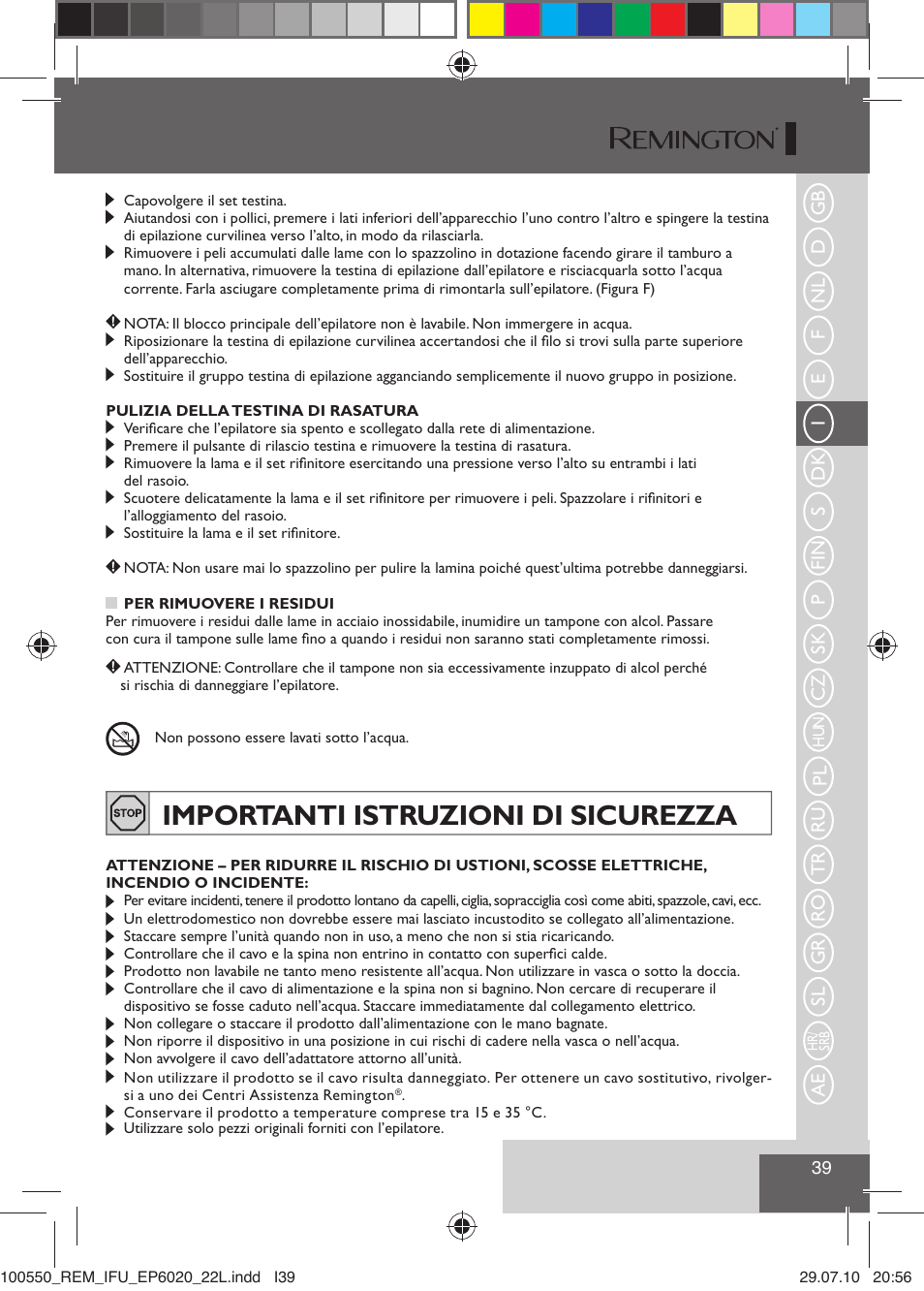 Importanti istruzioni di sicurezza | Remington EP6030C User Manual | Page 42 / 140