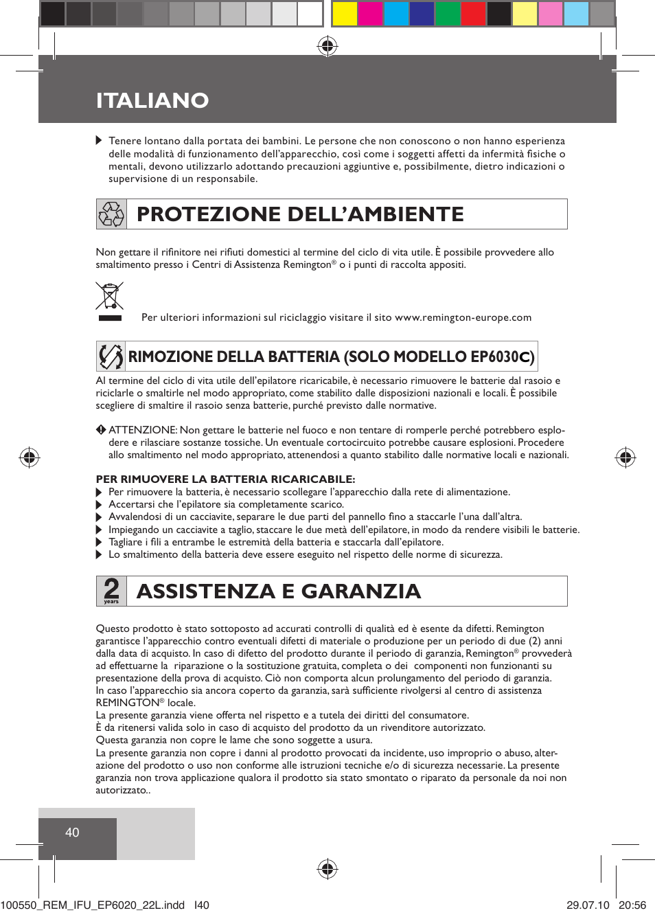 Italiano, Protezione dell’ambiente, Assistenza e garanzia | Rimozione della batteria (solo modello ep6030 ) | Remington EP6030C User Manual | Page 43 / 140