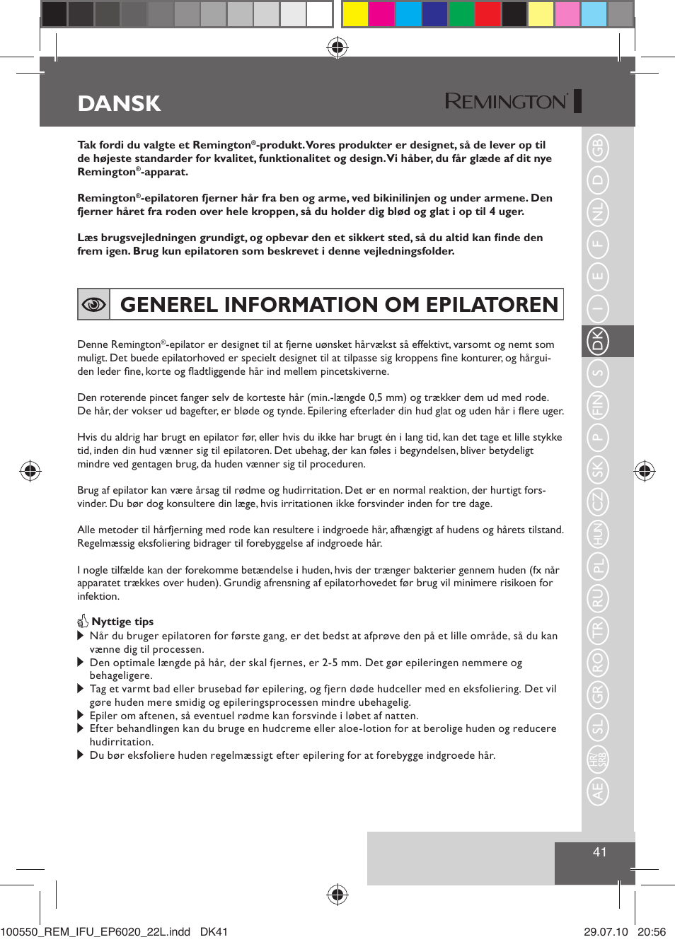 Dansk, Generel information om epilatoren | Remington EP6030C User Manual | Page 44 / 140