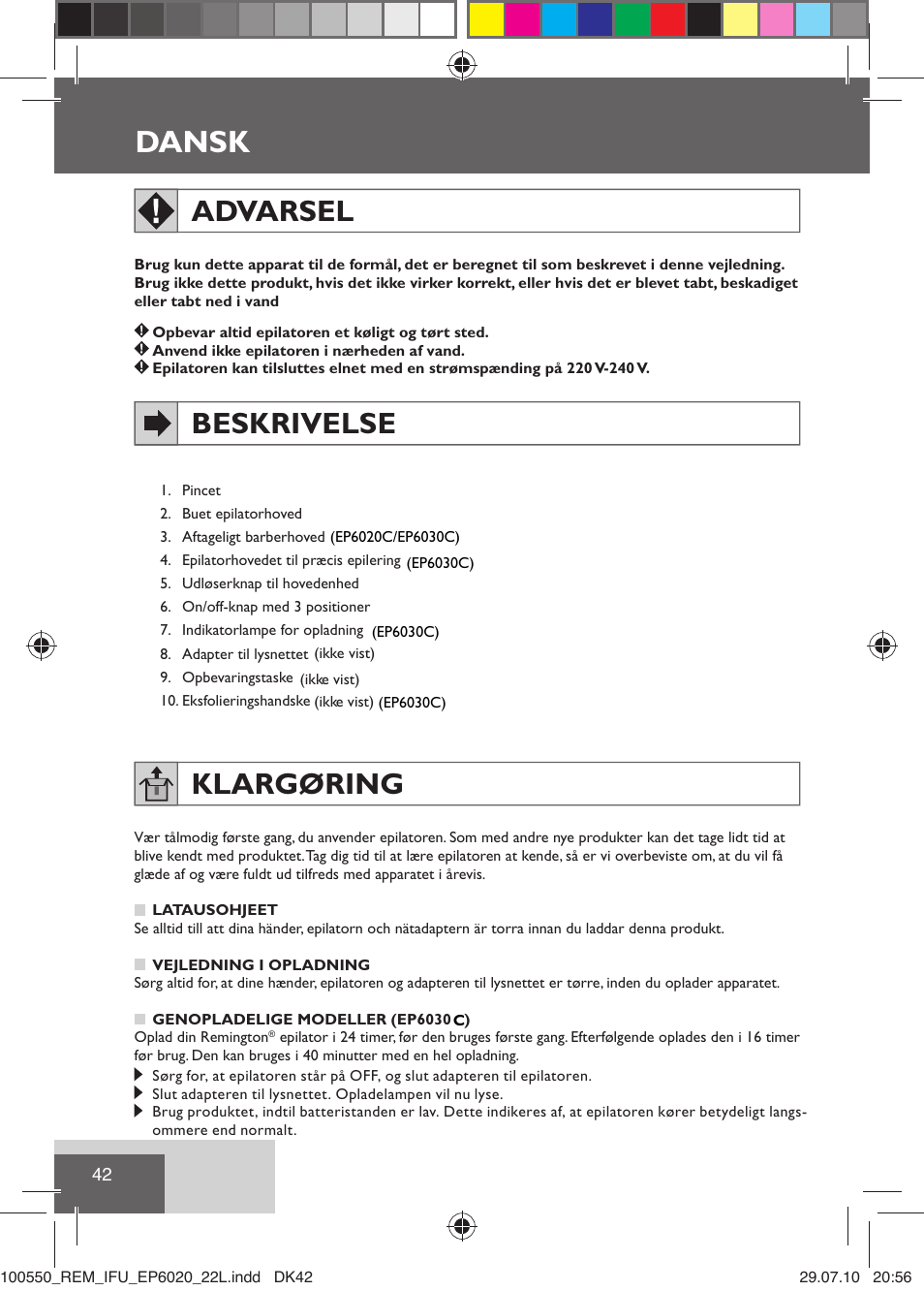 Dansk, Advarsel, Beskrivelse klargøring | Remington EP6030C User Manual | Page 45 / 140