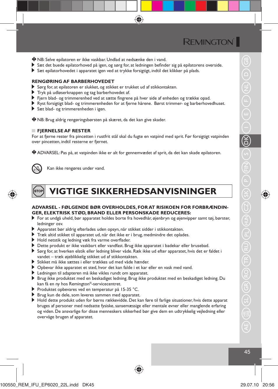 Vigtige sikkerhedsanvisninger | Remington EP6030C User Manual | Page 48 / 140
