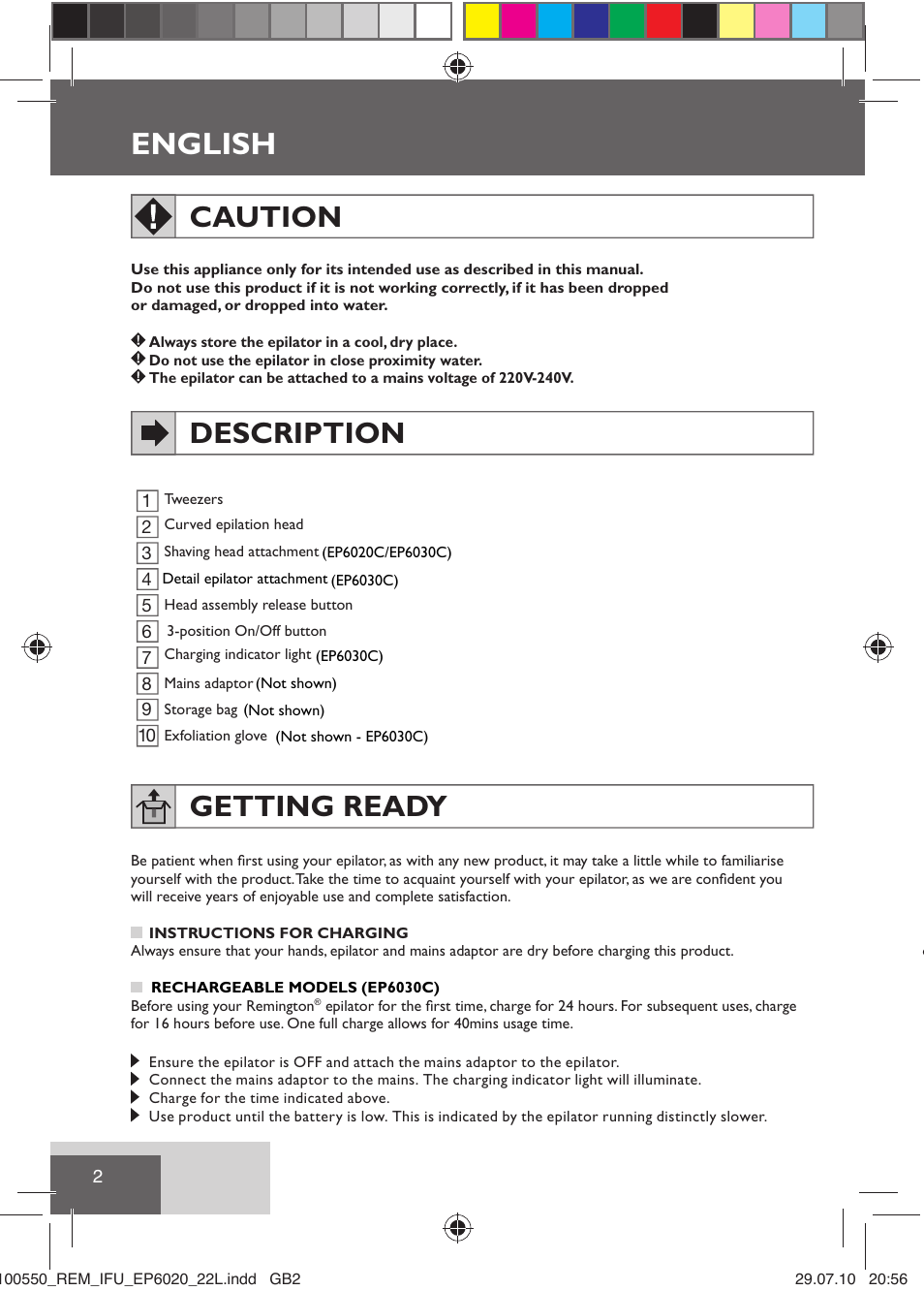 English, Caution, Description getting ready | Remington EP6030C User Manual | Page 5 / 140
