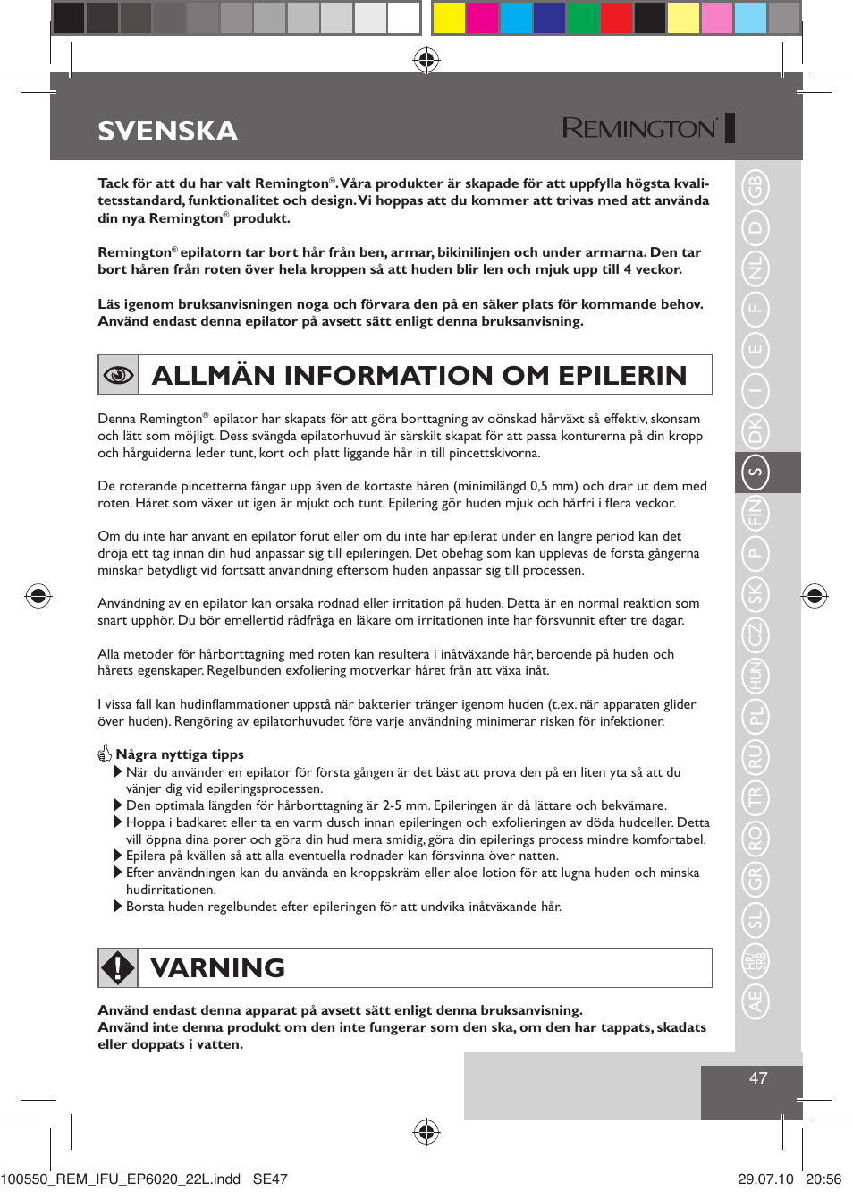 Svenska, Allmän information om epilerin, Varning | Remington EP6030C User Manual | Page 50 / 140