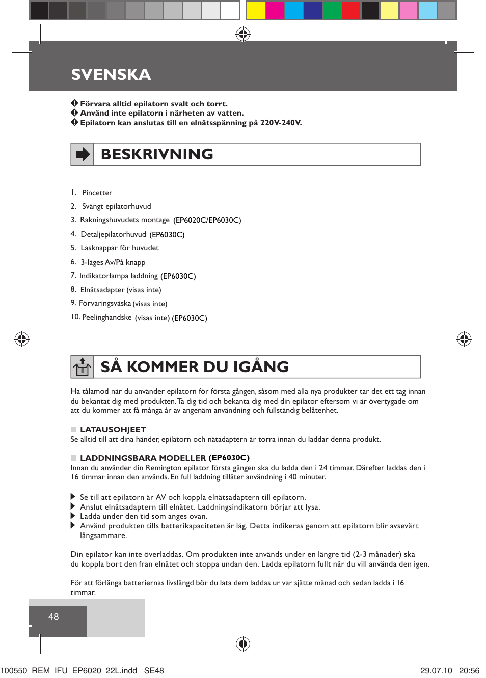 Svenska, Beskrivning, Så kommer du igång | Remington EP6030C User Manual | Page 51 / 140