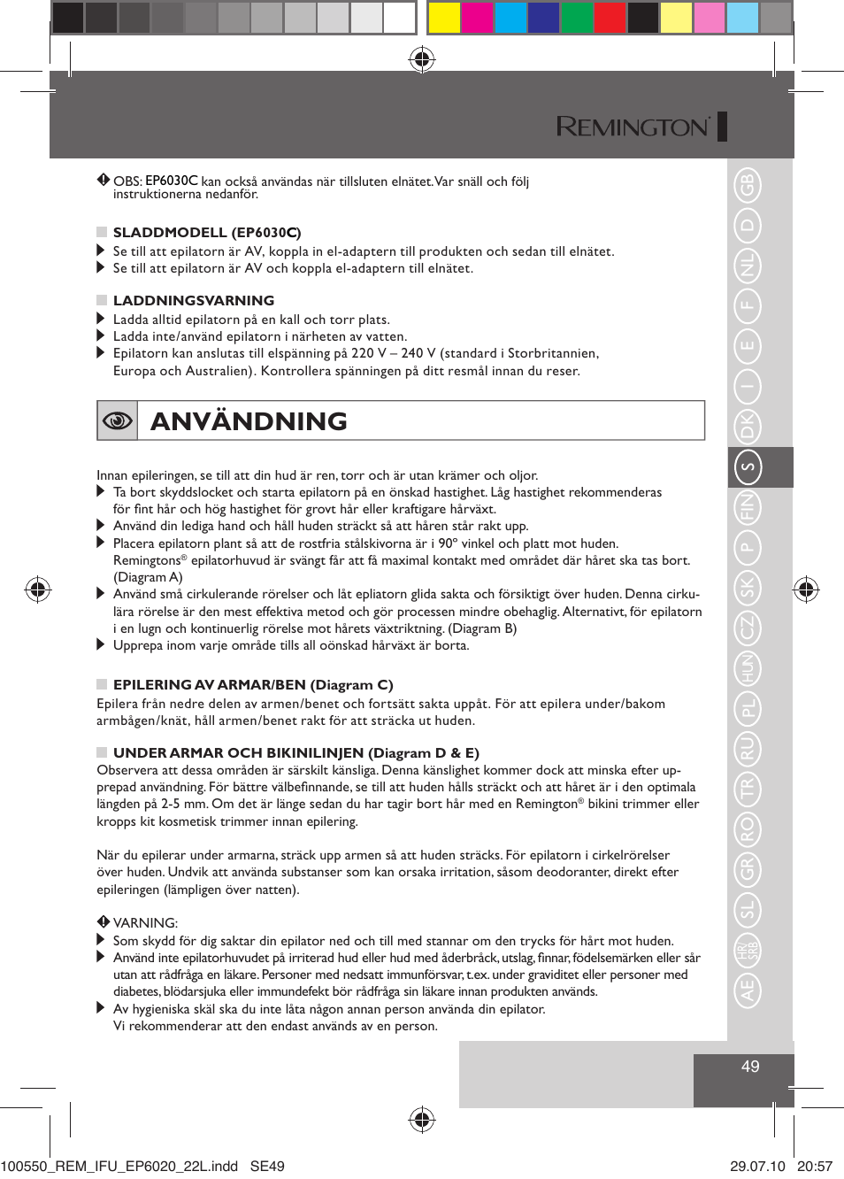 Användning | Remington EP6030C User Manual | Page 52 / 140