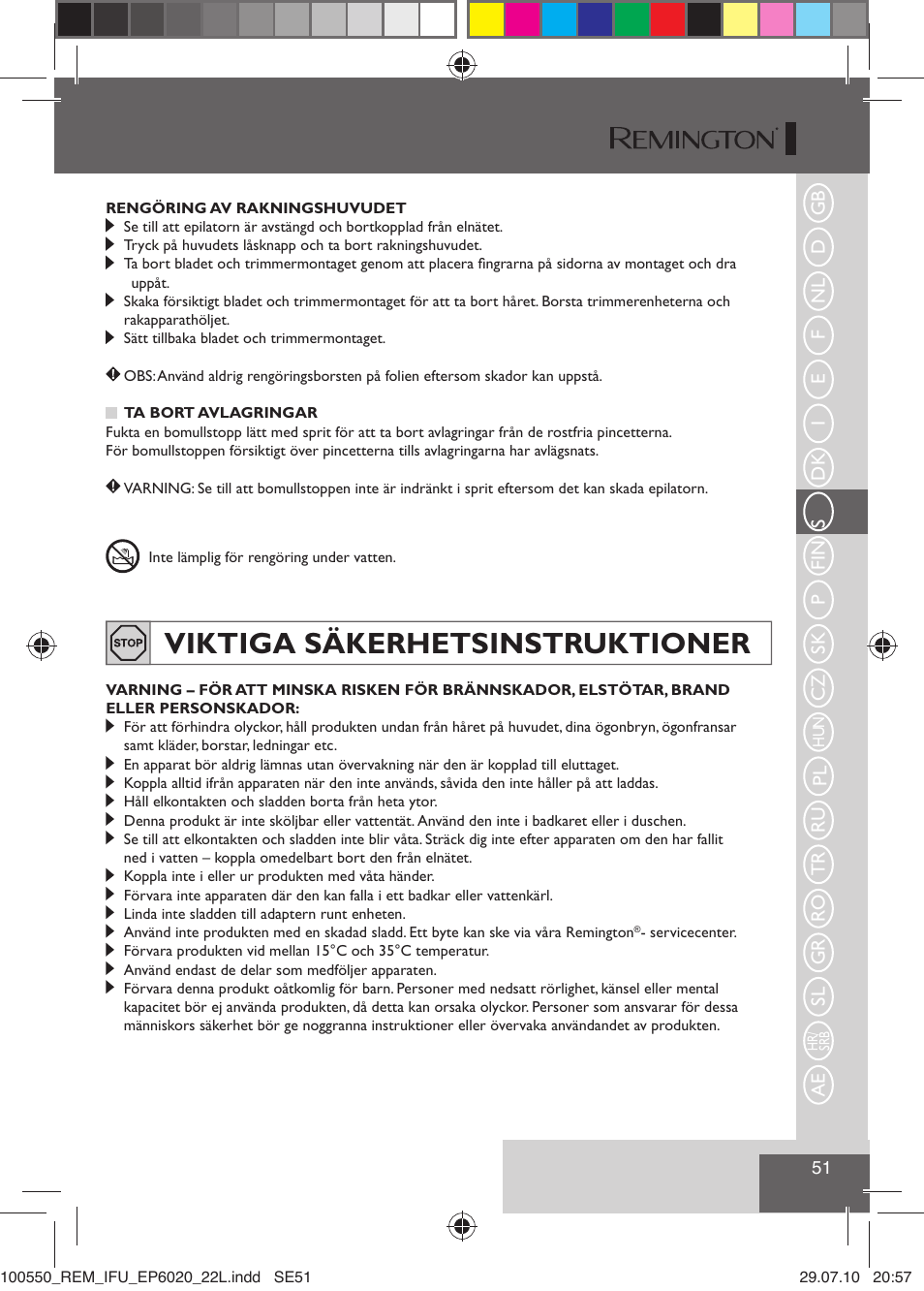 Viktiga säkerhetsinstruktioner | Remington EP6030C User Manual | Page 54 / 140
