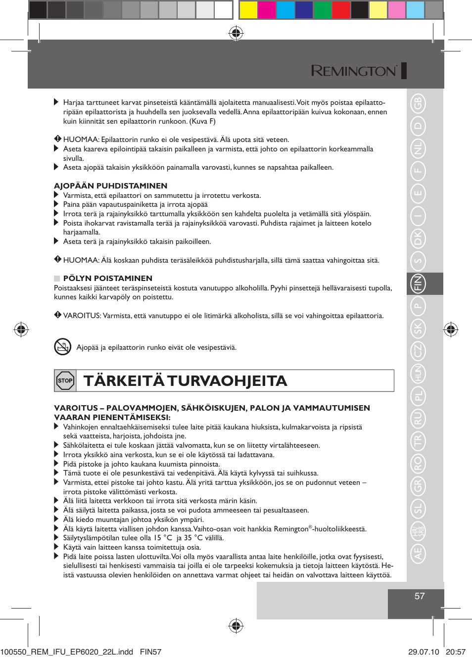 Tärkeitä turvaohjeita | Remington EP6030C User Manual | Page 60 / 140