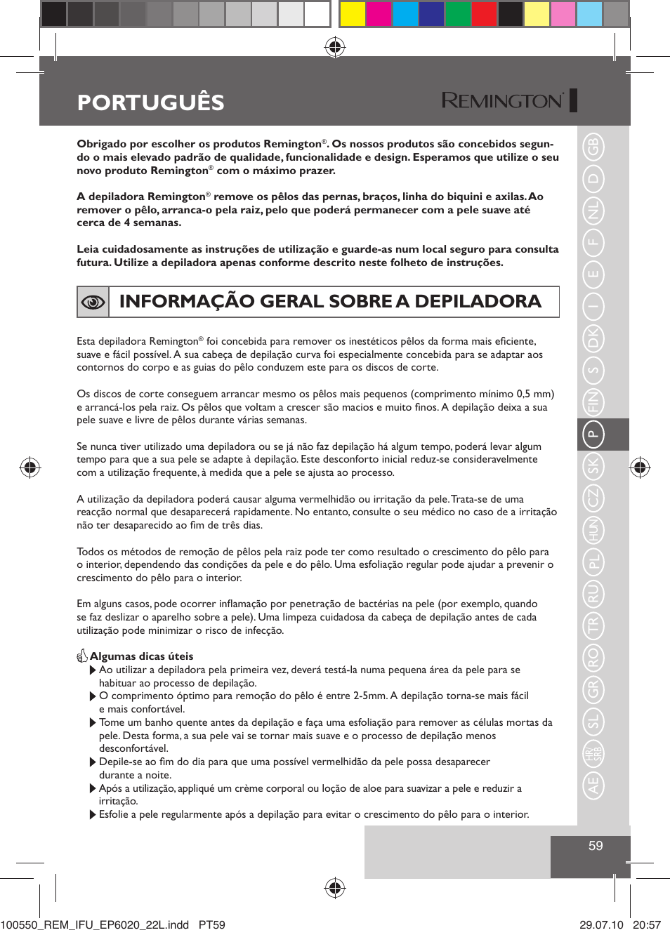 Português, Informação geral sobre a depiladora | Remington EP6030C User Manual | Page 62 / 140