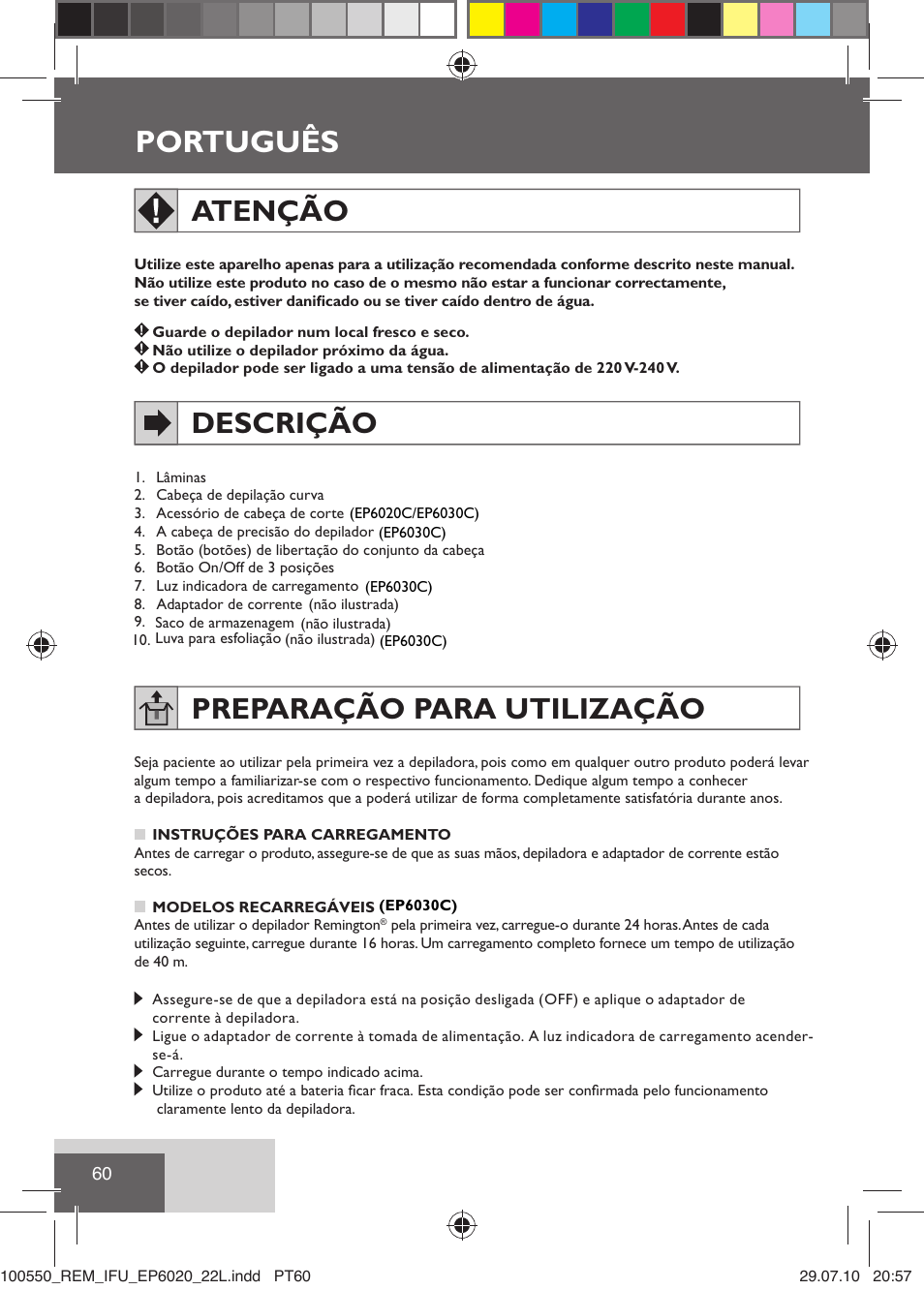 Português, Atenção, Descrição | Preparação para utilização | Remington EP6030C User Manual | Page 63 / 140