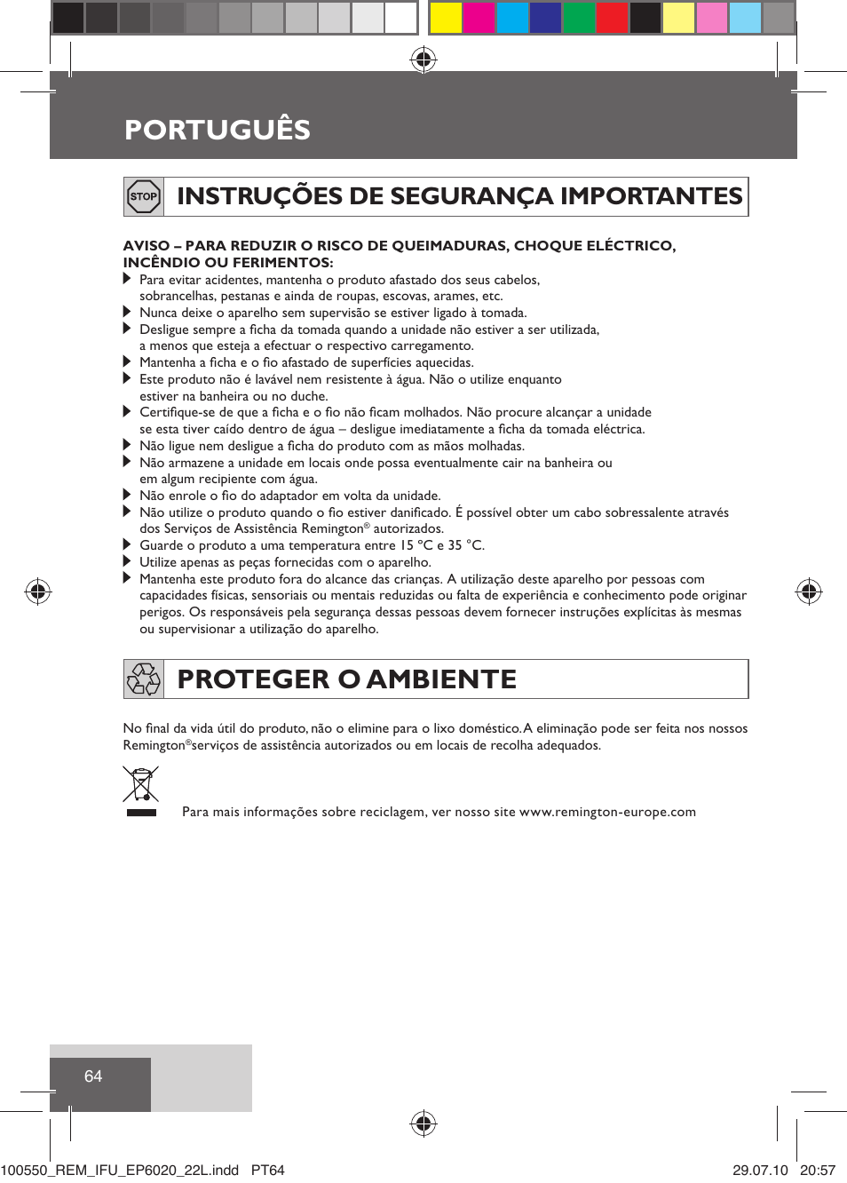 Português, Proteger o ambiente, Instruções de segurança importantes | Remington EP6030C User Manual | Page 67 / 140