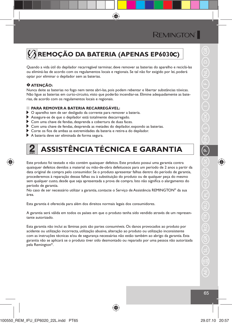 Assistência técnica e garantia, Remoção da bateria (apenas ep6030 ) | Remington EP6030C User Manual | Page 68 / 140