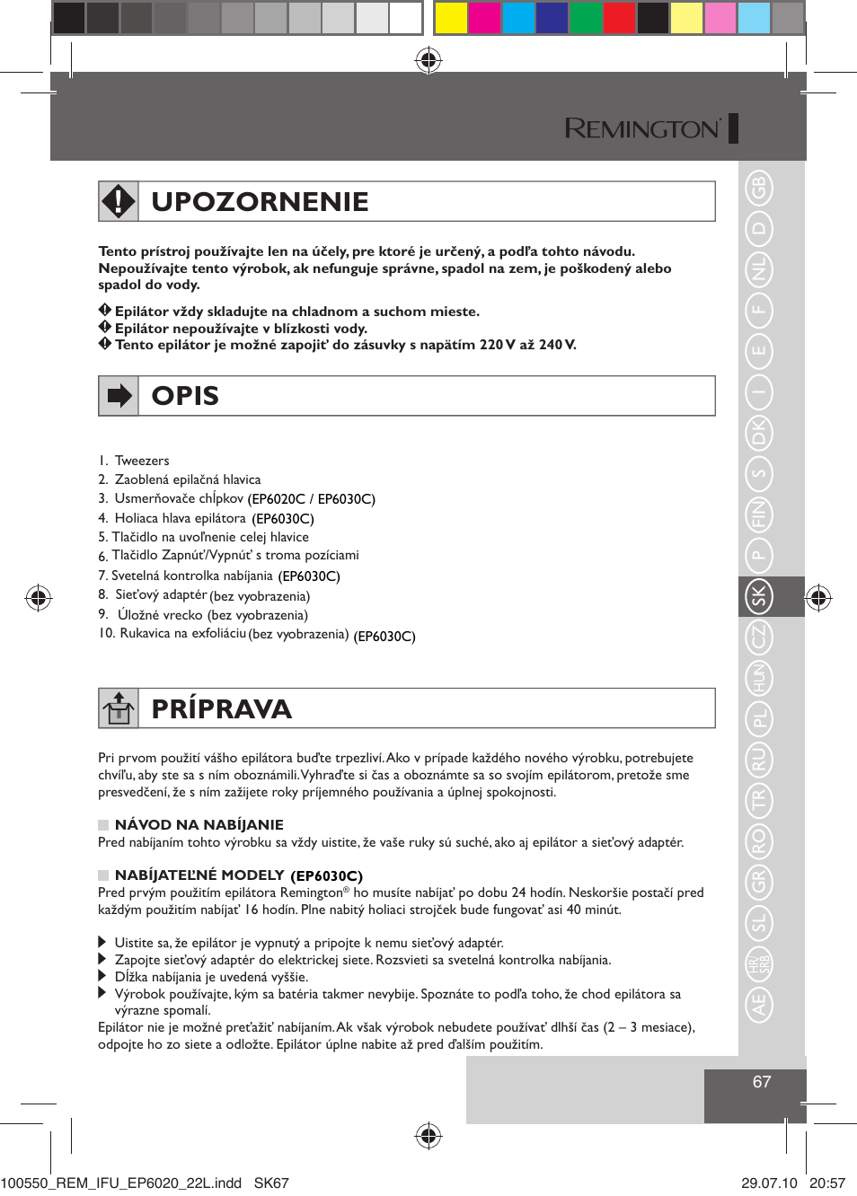 Upozornenie, Opis, Príprava | Remington EP6030C User Manual | Page 70 / 140