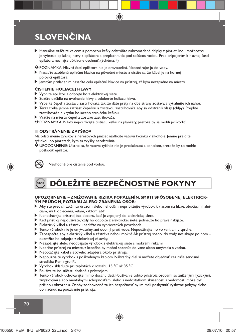 Slovenčina, Dôležité bezpečnostné pokyny | Remington EP6030C User Manual | Page 73 / 140