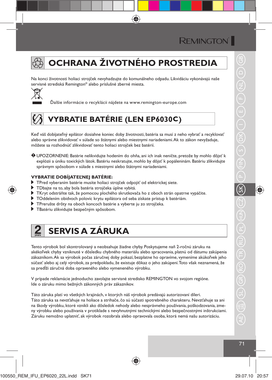 Ochrana životného prostredia, Servis a záruka, Vybratie batérie (len ep6030 ) | Remington EP6030C User Manual | Page 74 / 140