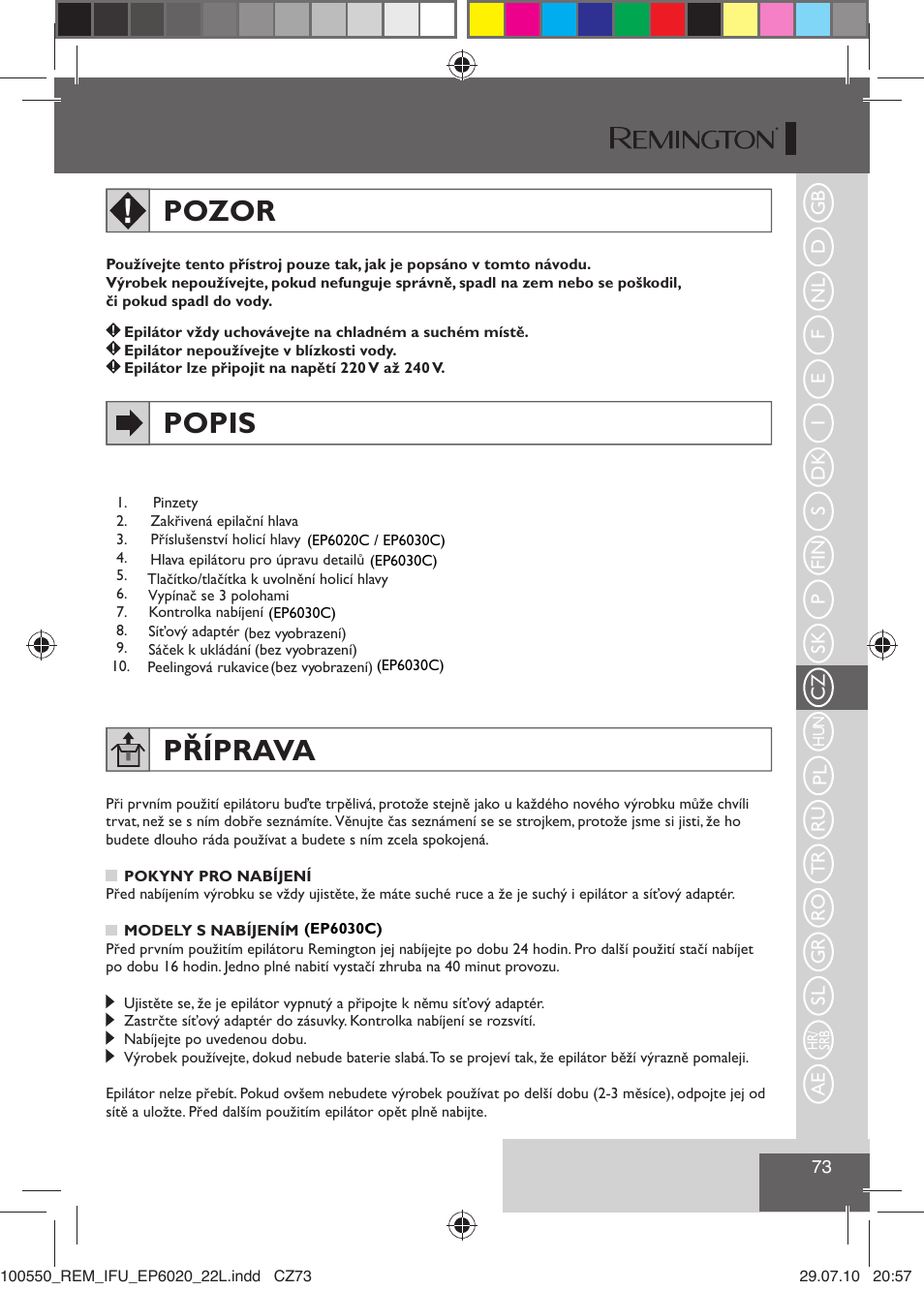 Pozor, Popis, Příprava | Remington EP6030C User Manual | Page 76 / 140