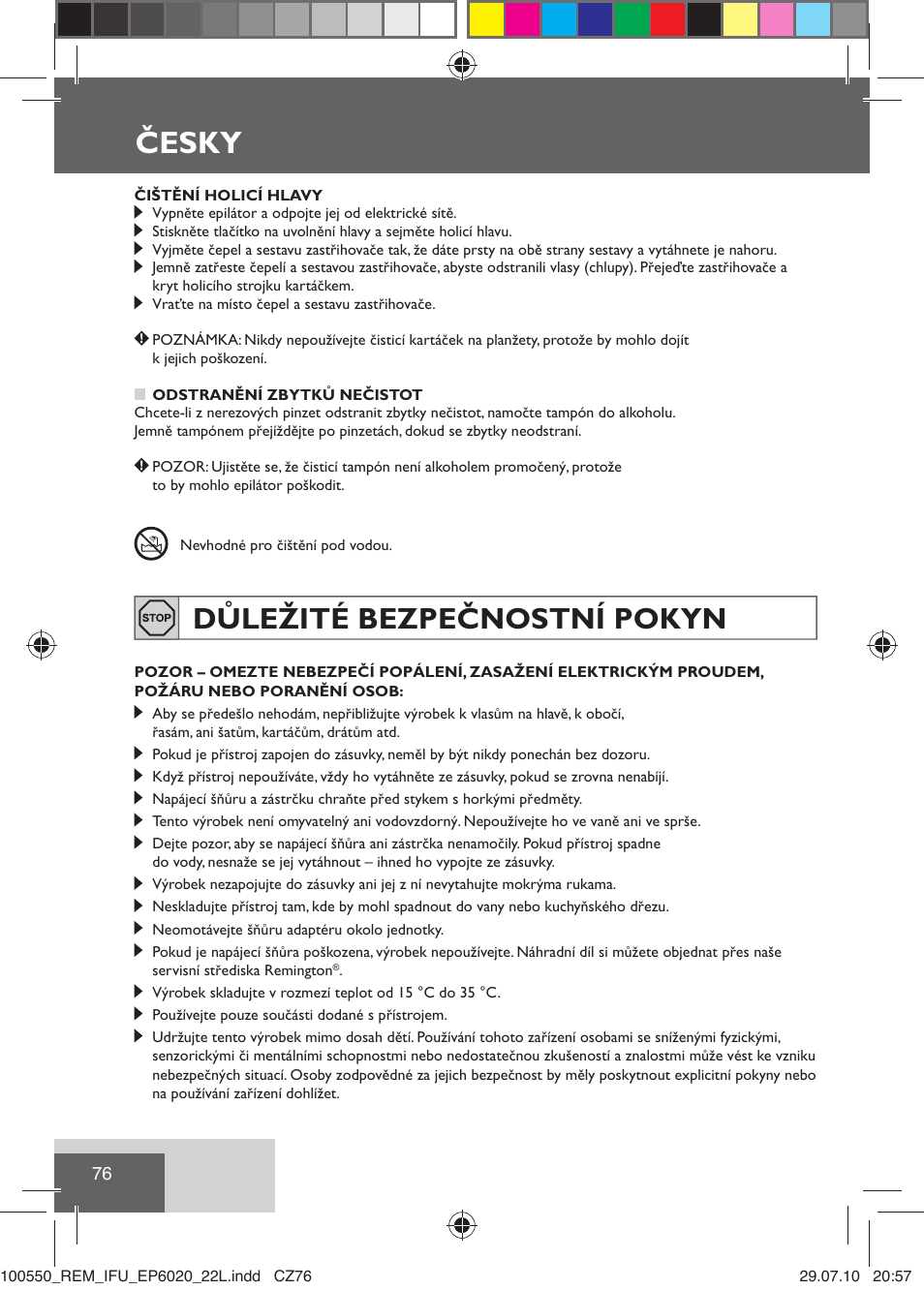 Česky, Důležité bezpečnostní pokyn | Remington EP6030C User Manual | Page 79 / 140