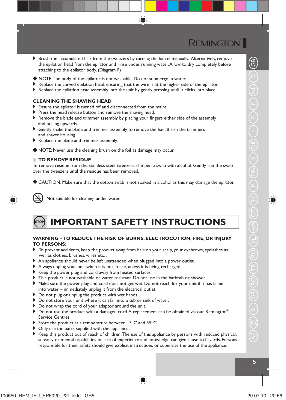 Important safety instructions | Remington EP6030C User Manual | Page 8 / 140