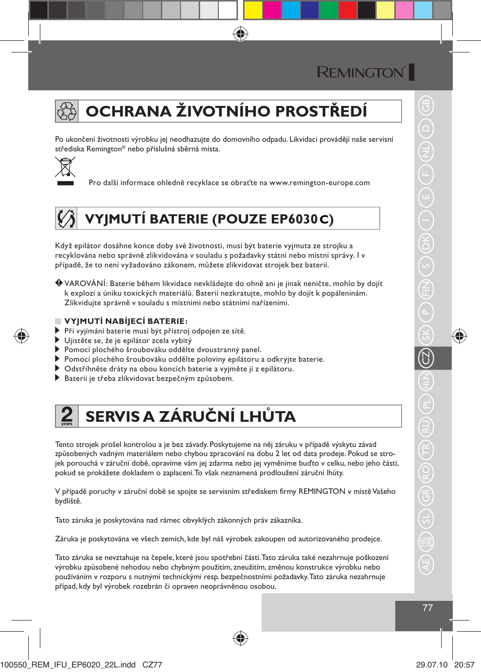 Ochrana životního prostředí, Servis a záruční lhůta, Vyjmutí baterie (pouze ep6030 ) | Remington EP6030C User Manual | Page 80 / 140