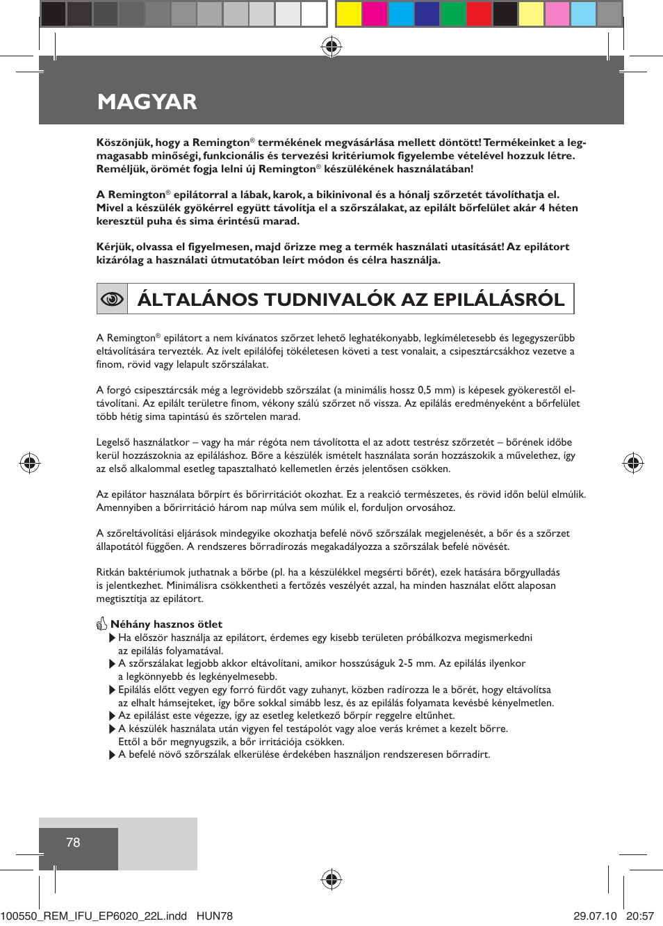 Magyar, Általános tudnivalók az epilálásról | Remington EP6030C User Manual | Page 81 / 140