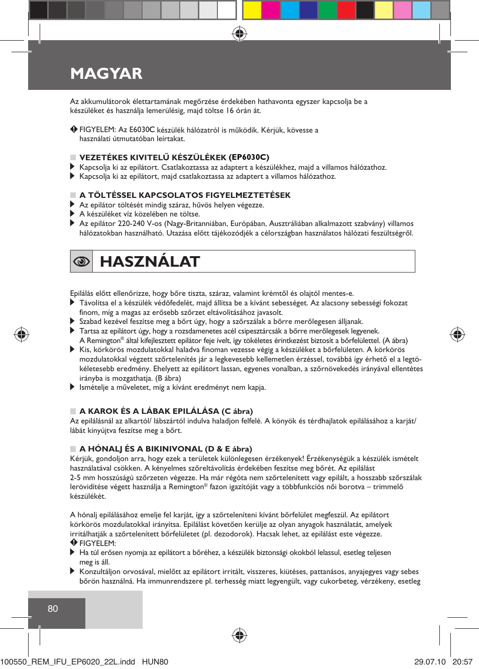 Magyar, Használat | Remington EP6030C User Manual | Page 83 / 140