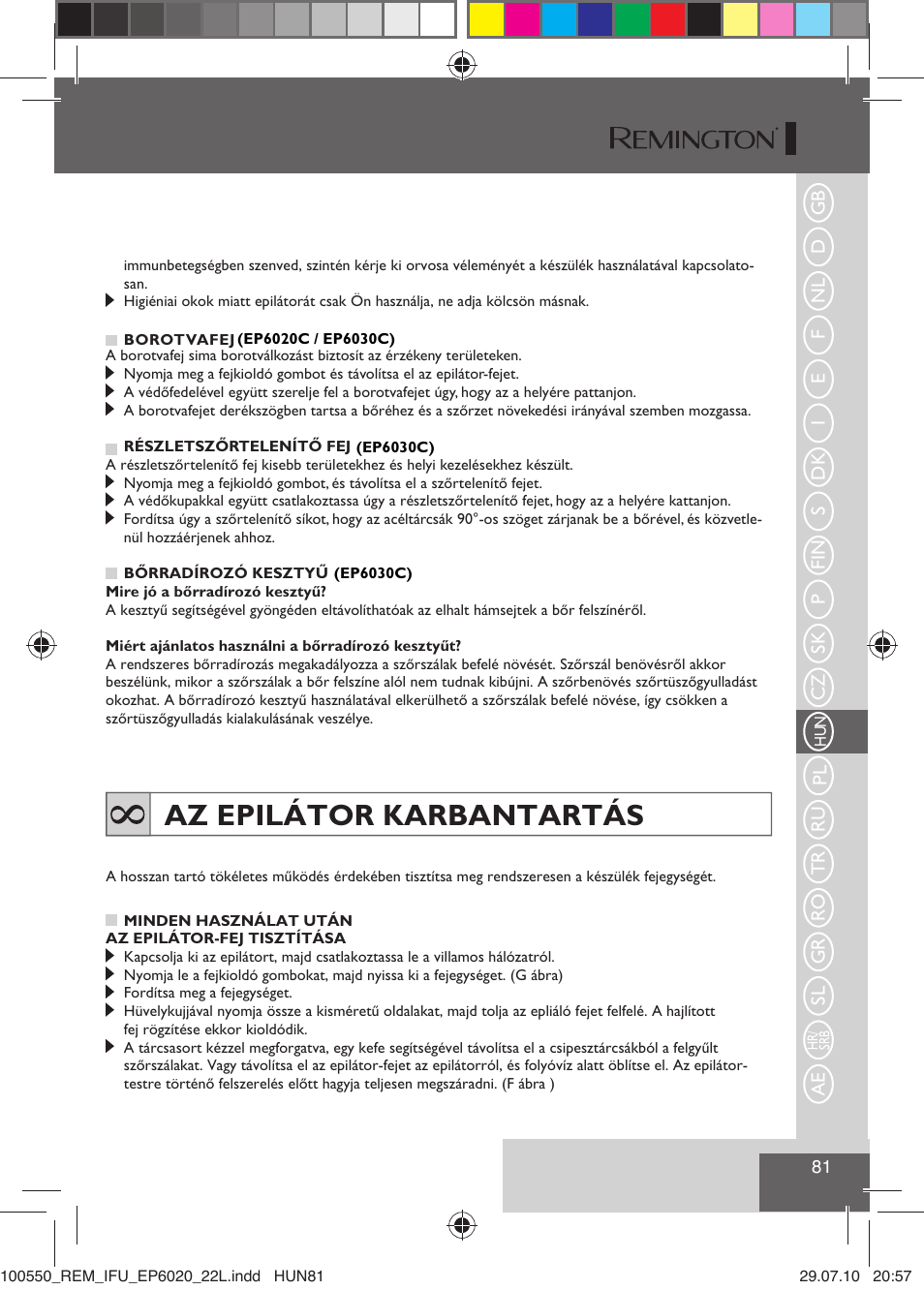 Az epilátor karbantartás | Remington EP6030C User Manual | Page 84 / 140