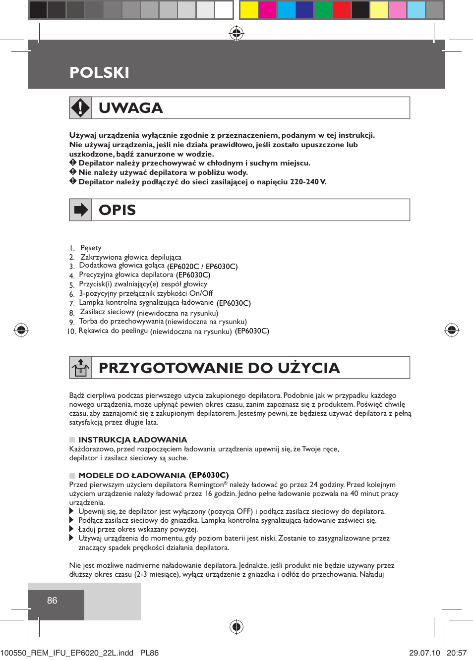 Polski, Uwaga, Opis | Przygotowanie do użycia | Remington EP6030C User Manual | Page 89 / 140