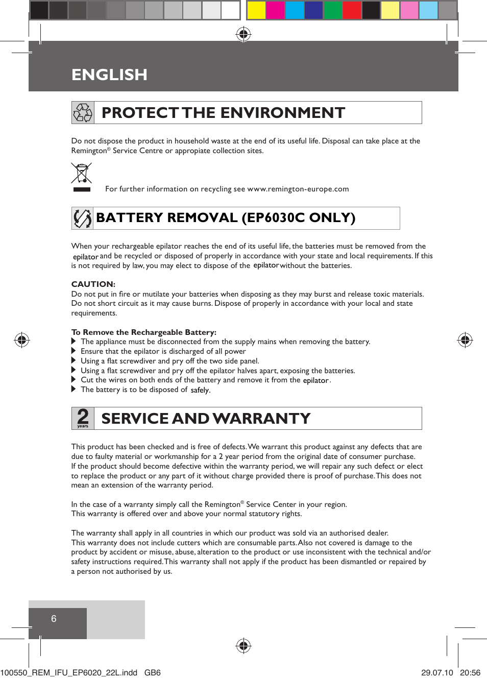 English, Protect the environment, Service and warranty | Battery removal (ep6030c only) | Remington EP6030C User Manual | Page 9 / 140