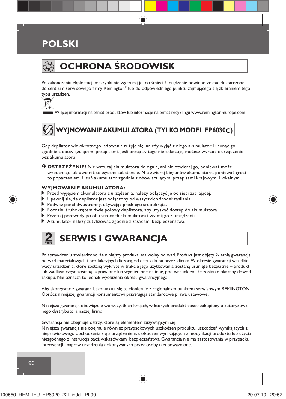 Polski, Ochrona środowisk, Serwis i gwarancja | Wyjmowanie akumulatora (tylko model ep6030 ) | Remington EP6030C User Manual | Page 93 / 140