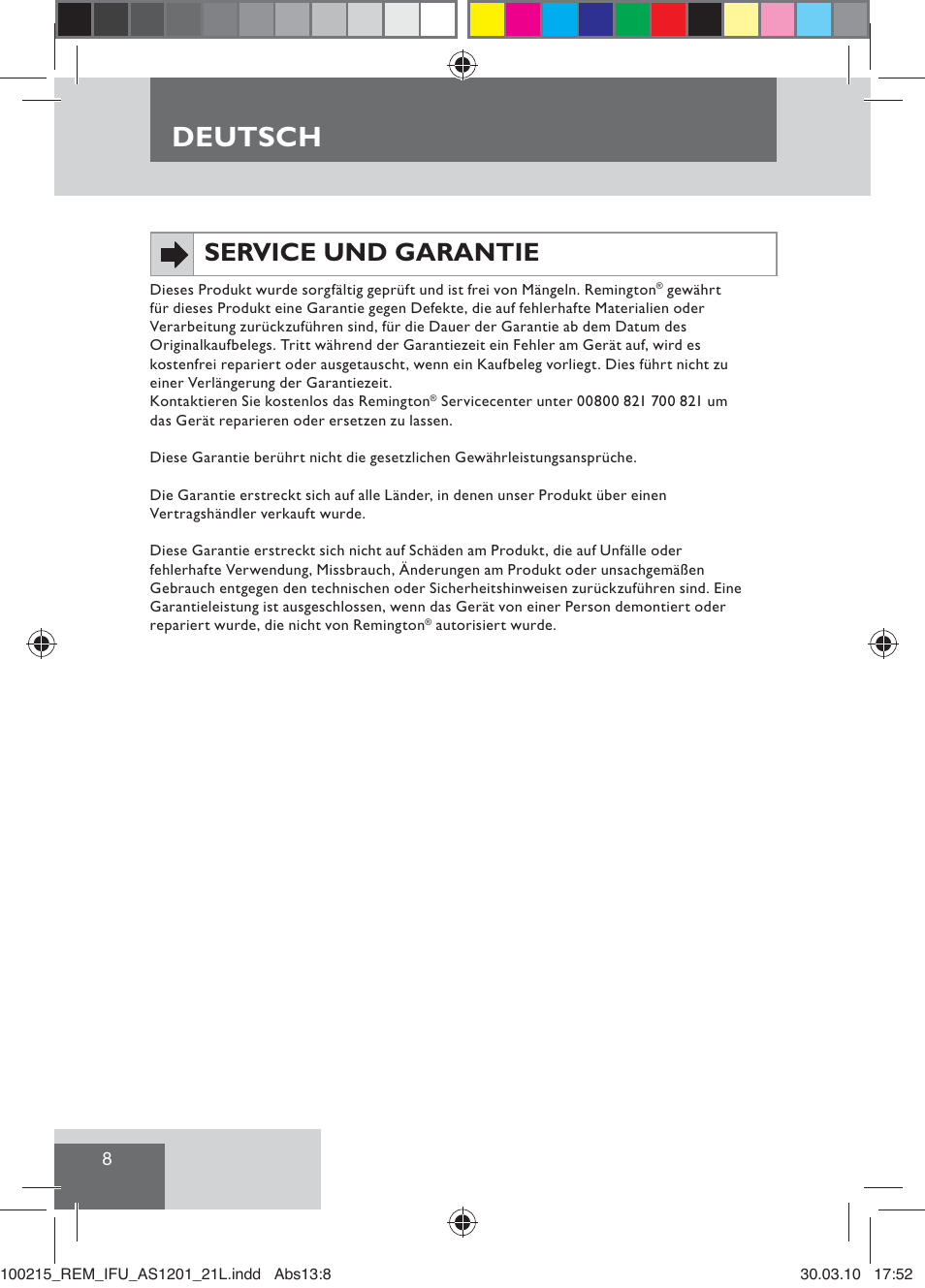 Deutsch, Service und garantie | Remington AS1201 User Manual | Page 10 / 28