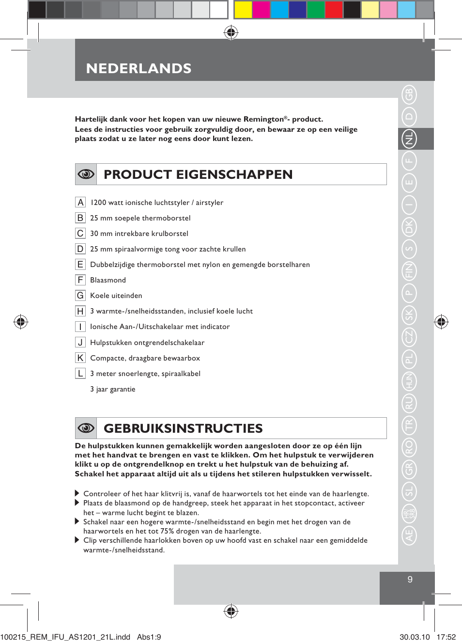 Nederlands, Product eigenschappen, Gebruiksinstructies | Remington AS1201 User Manual | Page 11 / 28