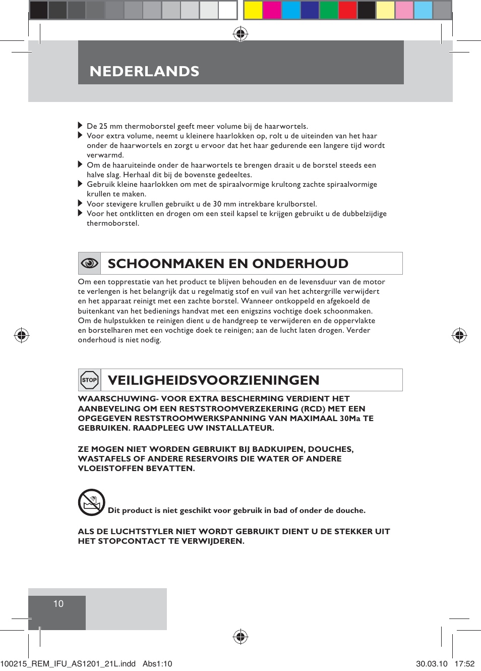 Nederlands, Schoonmaken en onderhoud, Veiligheidsvoorzieningen | Remington AS1201 User Manual | Page 12 / 28