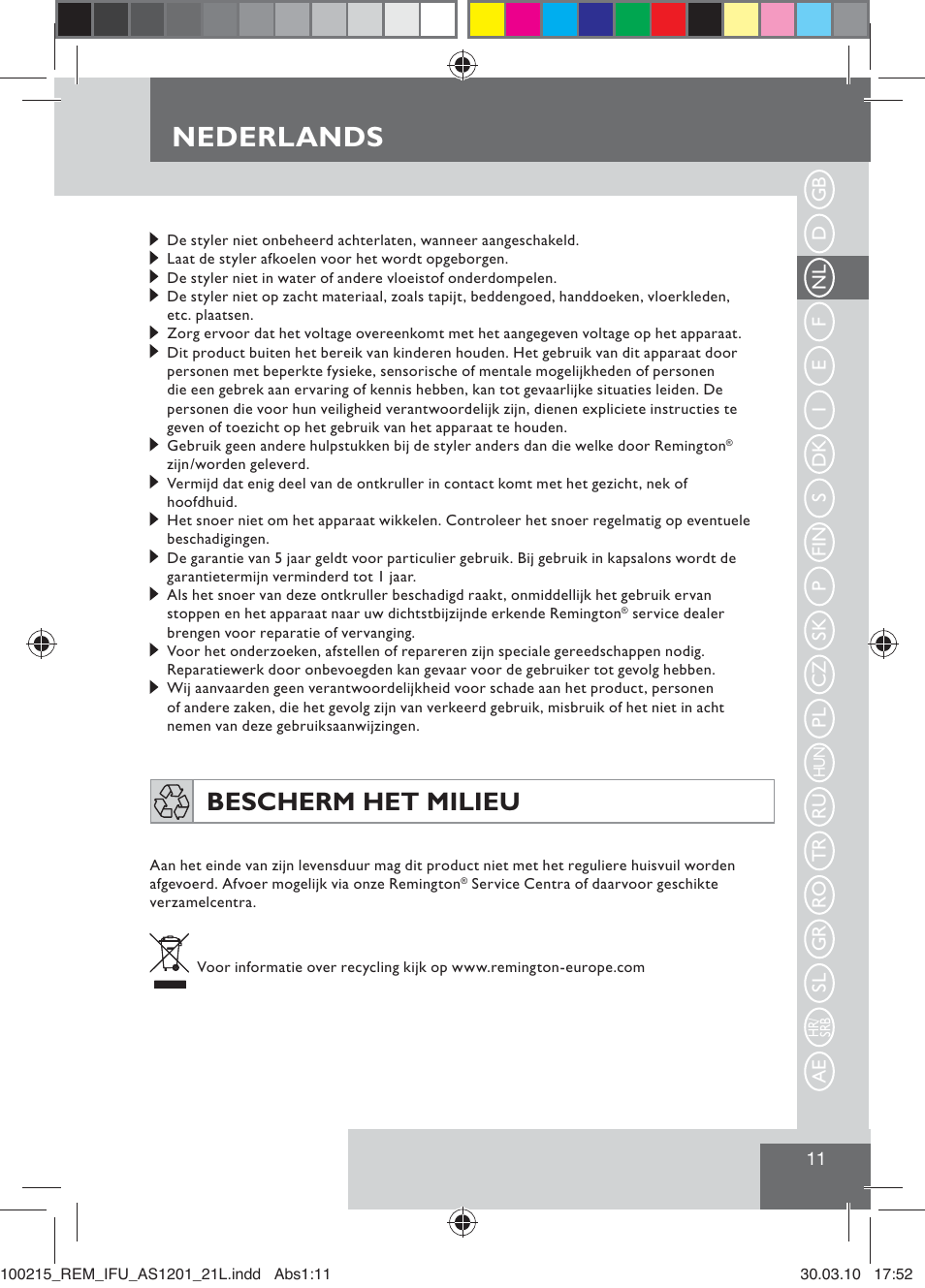 Nederlands, Bescherm het milieu | Remington AS1201 User Manual | Page 13 / 28