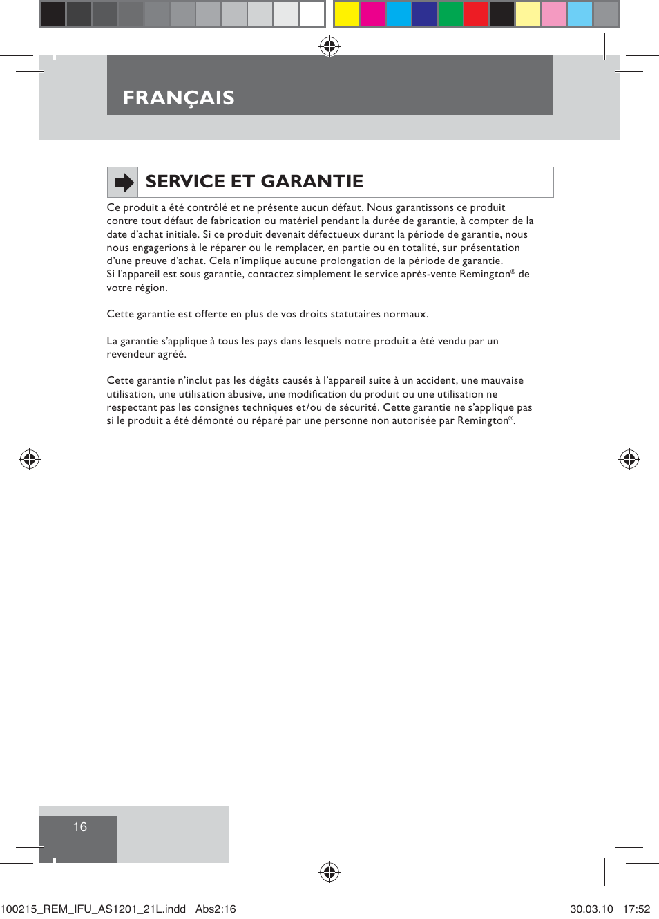 Français, Service et garantie | Remington AS1201 User Manual | Page 18 / 28