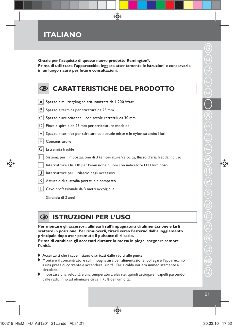 Italiano, Caratteristiche del prodotto, Istruzioni per l’uso | Remington AS1201 User Manual | Page 23 / 28