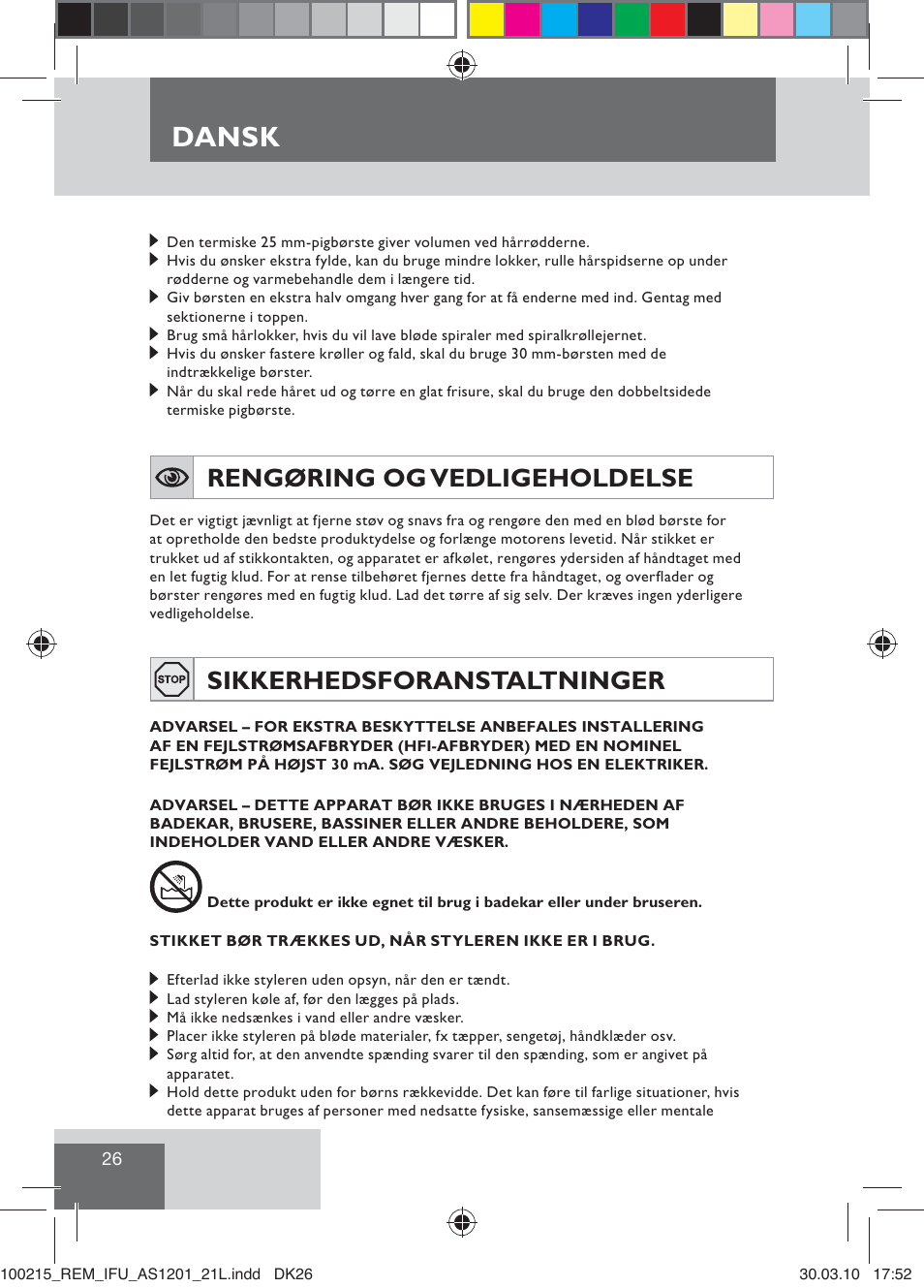 Dansk, Rengøring og vedligeholdelse, Sikkerhedsforanstaltninger | Remington AS1201 User Manual | Page 28 / 28