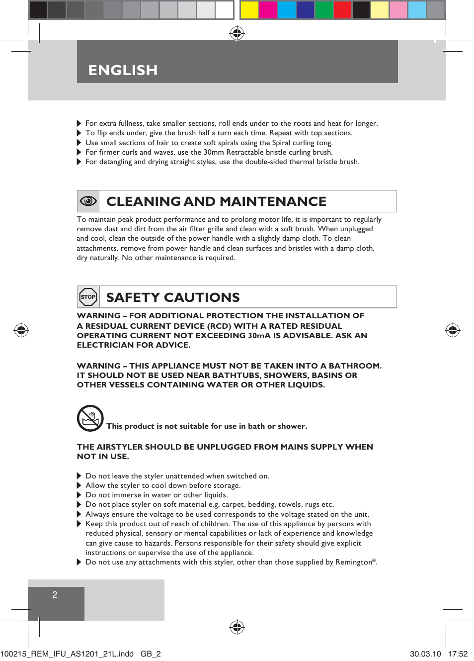 English, Cleaning and maintenance, Safety cautions | Remington AS1201 User Manual | Page 4 / 28