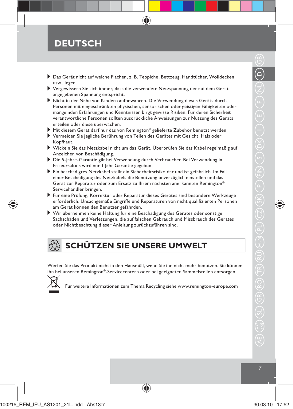 Deutsch, Schützen sie unsere umwelt | Remington AS1201 User Manual | Page 9 / 28