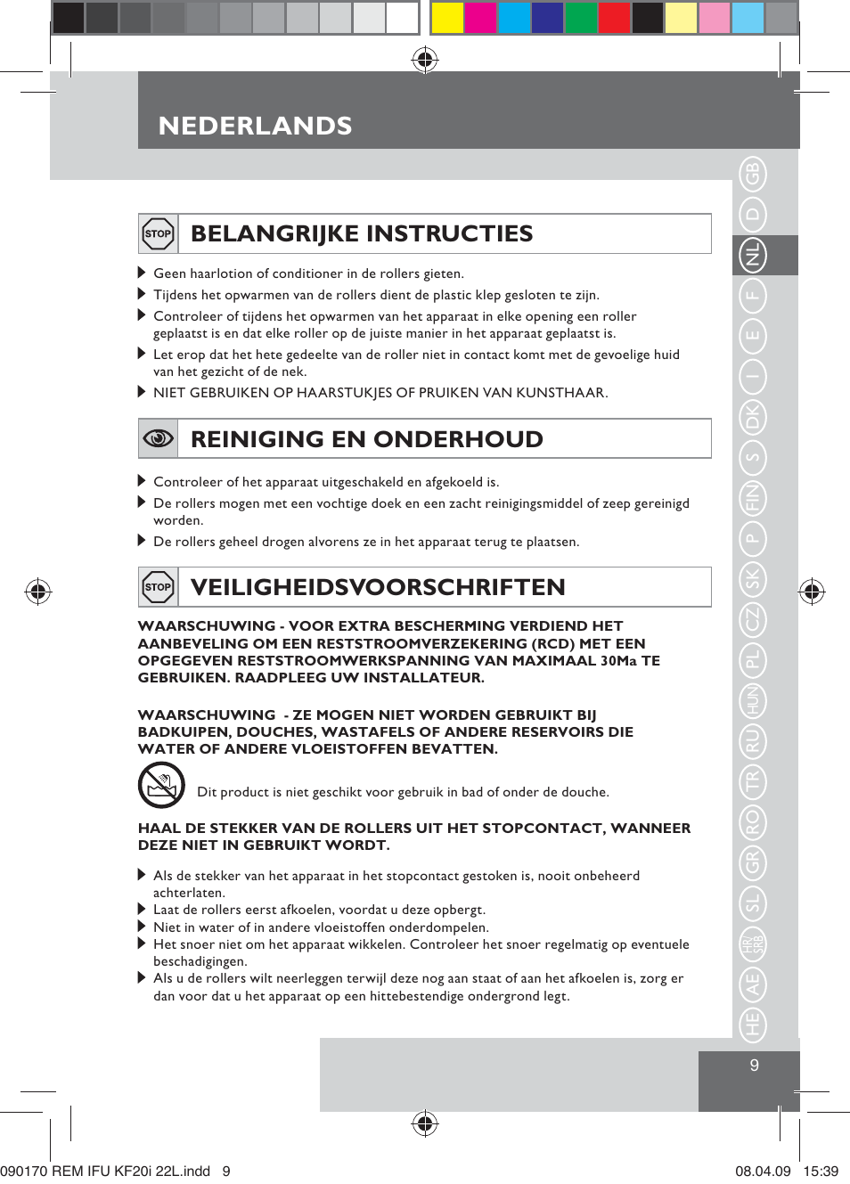 Nederlands, Belangrijke instructies, Reiniging en onderhoud | Veiligheidsvoorschriften | Remington KF20i User Manual | Page 11 / 76