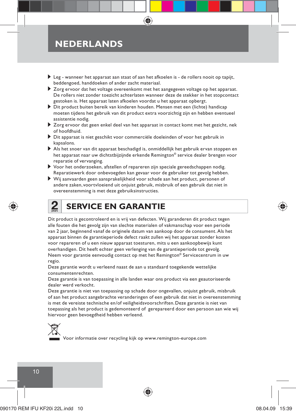 Nederlands, Service en garantie | Remington KF20i User Manual | Page 12 / 76
