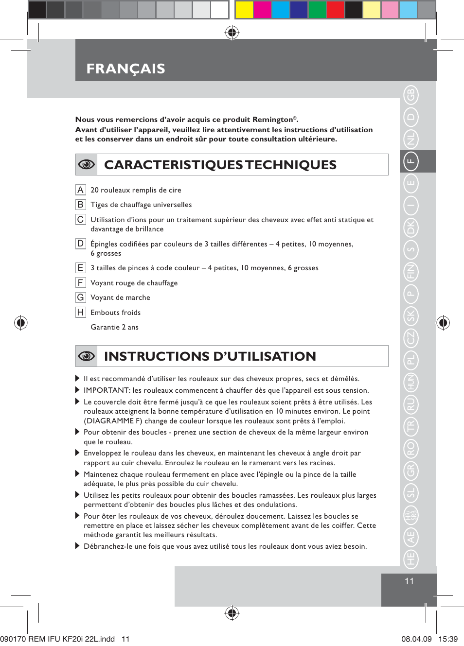 Français, Caracteristiques techniques, Instructions d’utilisation | Remington KF20i User Manual | Page 13 / 76