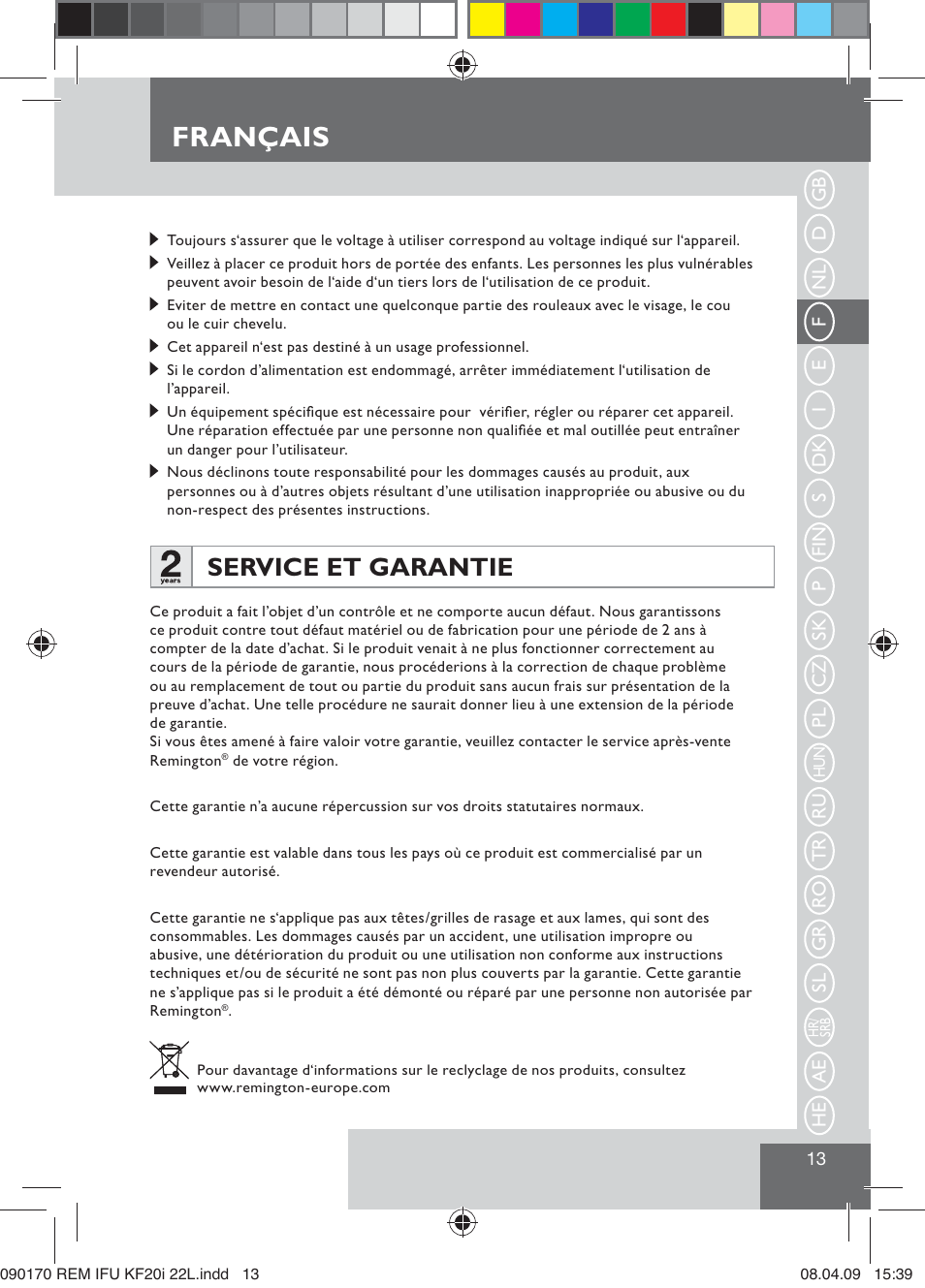 Français, Service et garantie | Remington KF20i User Manual | Page 15 / 76