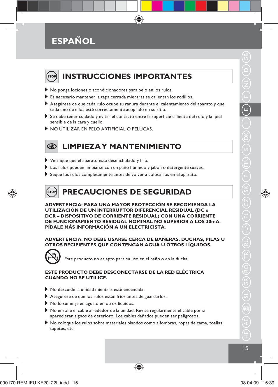 Español, Instrucciones importantes, Limpieza y mantenimiento | Precauciones de seguridad | Remington KF20i User Manual | Page 17 / 76